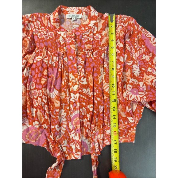 Rachel Zoe Pink Orange Floral Button Up Waist Crop Top Flounce Sleeve Blouse - Picture 3 of 10